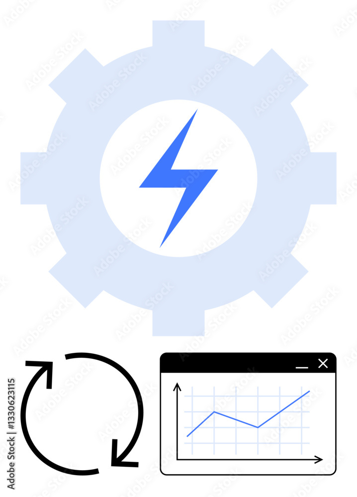 Gear with lightning bolt symbol inside, circular arrows, and upward graph. Ideal for energy, efficiency, progress, innovation, performance technology sustainability. Flat simple metaphor Gear with lightning bolt symbol inside, circular arrows, and upward graph. Ideal for energy, efficiency, progress, innovation, performance technology sustainability. Flat simple metaphor