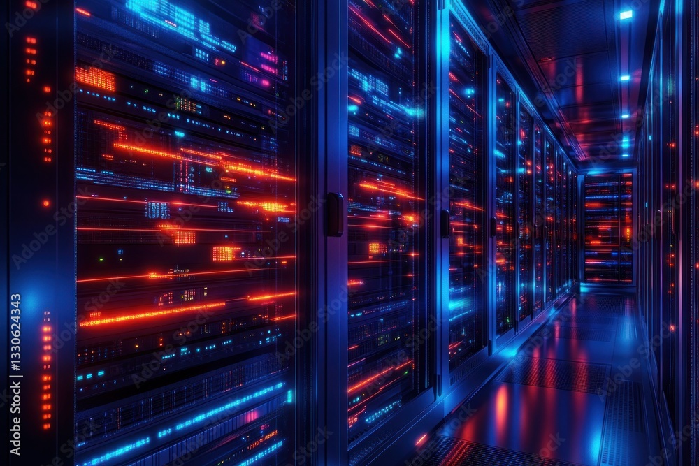 Vibrant Data Center with Colorful Server Lights Vibrant Data Center with Colorful Server Lights