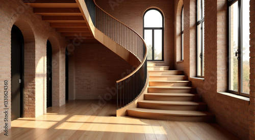 Modern wooden spiral staircase in a luxury home interior with brick walls and large windows. Sunlight streams through the windows, illuminating the elegant design. photo