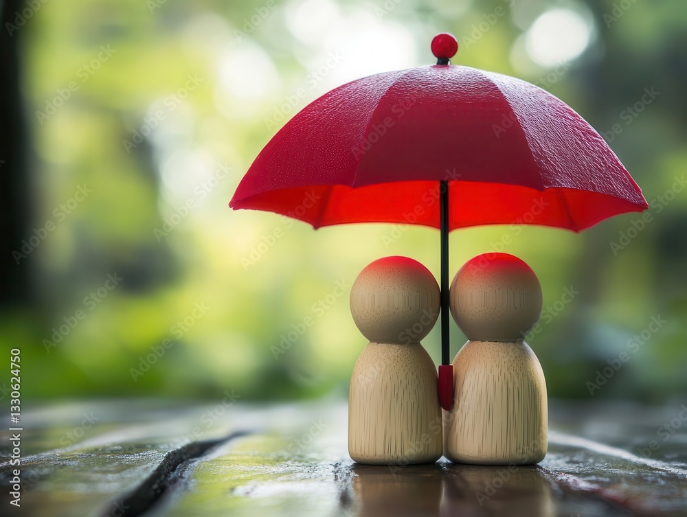 custom made wallpaper toronto digitalWhimsical Family Protection Concept Featuring Artistic Wooden Dolls Sheltered Under a Bold Red Umbrella Symbolizing Unity, Safety and Strategic Risk Prevention