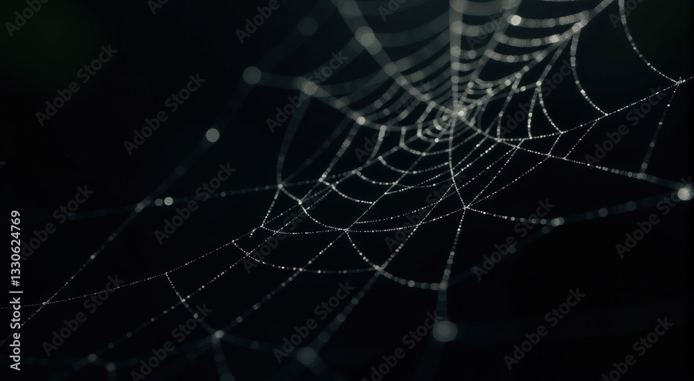 Naklejka premium Close-up shot of a spiderweb covered in dewdrops at night. Perfect for nature or abstract backgrounds.