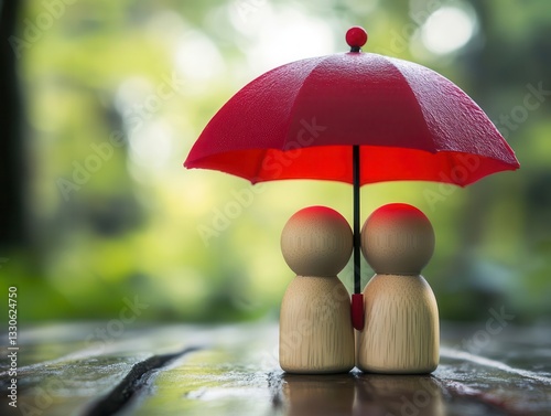 Wallpaper Mural Whimsical Family Protection Concept Featuring Artistic Wooden Dolls Sheltered Under a Bold Red Umbrella Symbolizing Unity, Safety and Strategic Risk Prevention Torontodigital.ca