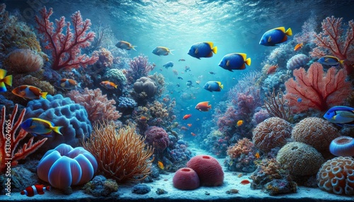High-Resolution Image of an Exotic Aquarium Scene with Vibrant Tropical Fish Swimming Among Colorful Coral Reefs Under Soft Blue Lighting