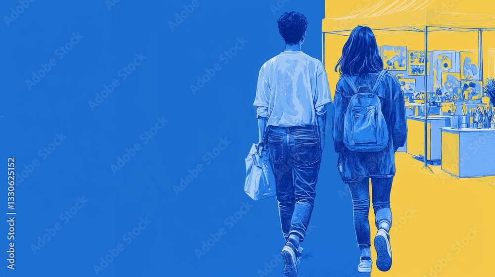 White siblings attending a kids art festival Pop art aesthetics illustration.