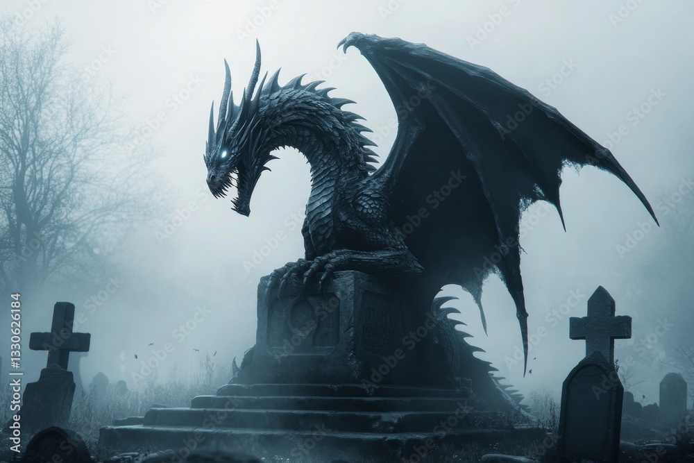 Fototapeta premium A dark, moody illustration of a skeletal dragon rising from an ancient graveyard, its hollow eyes glowing faintly as mist rolls through the scene