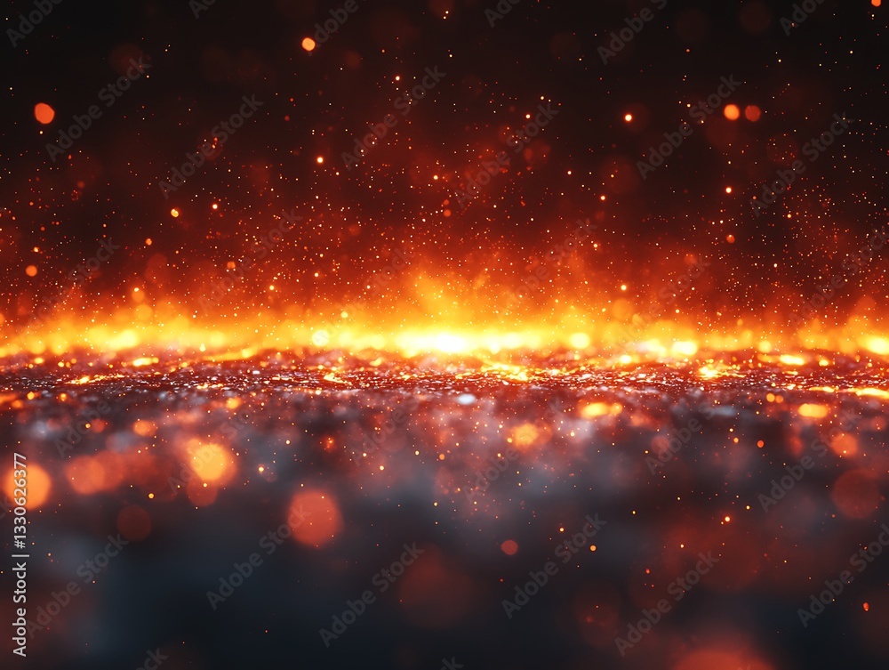 Naklejka premium Fiery Horizon: Glowing Sparks on Dark Ground.