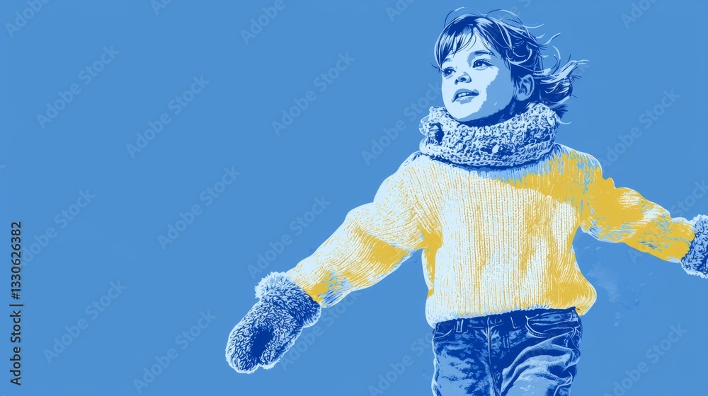 A white child ice skating at an indoor rink Pop art aesthetics illustration.