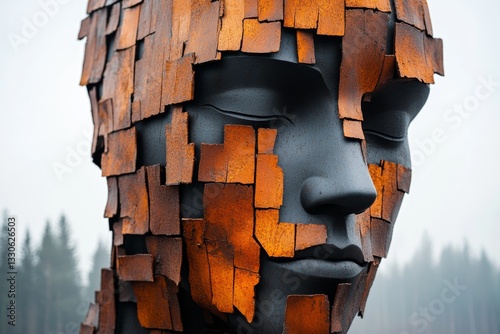 A dilapidated statue in a public square, its surface covered in streaks of erosion from prolonged exposure to acid rain
