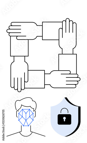 Interconnected hands forming a square, facial recognition mesh on a head, and a shield with a lock. Ideal for teamwork, unity, security, privacy, identity tech ethics digital safety. Flat simple