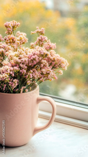 Wallpaper Mural Soft pink static flowers nestled in ceramic mug, framing golden autumn foliage through sunlit windowpane with gentle warmth Torontodigital.ca