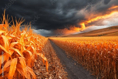 A field of withered crops, with acid rain clouds looming above and the ground cracked and barren