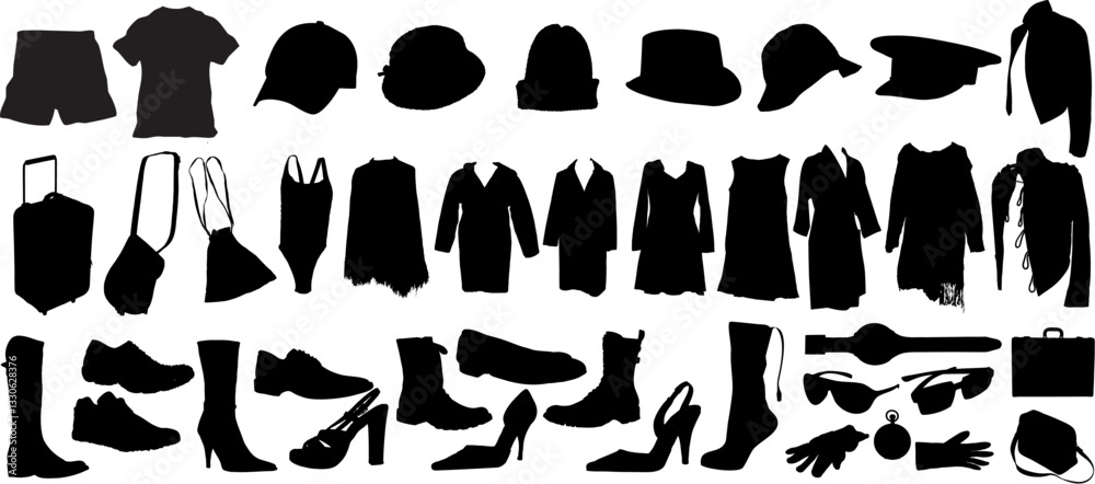 Collection of black silhouettes representing various clothing items, accessories, and footwear. include hats, shirts, dresses, jackets, pants, skirts, boots, high heels, gloves, sunglasses, and more