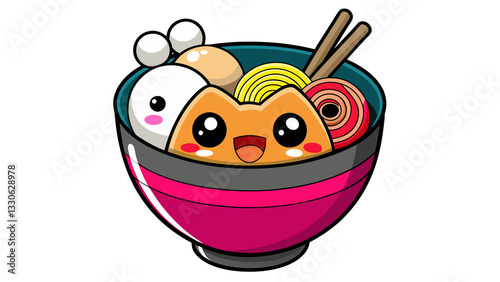 Happy Ramen Bowl: A cheerful cartoon ramen bowl with chopsticks smiling brightly, perfect for food blogs, social media posts, or any project needing a fun and playful touch.