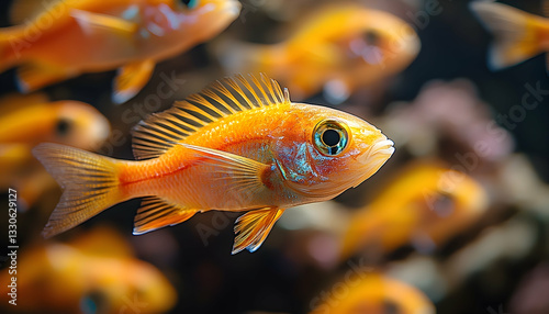 School of golden dwarf cichlids shimmering through aquarium depths serenity