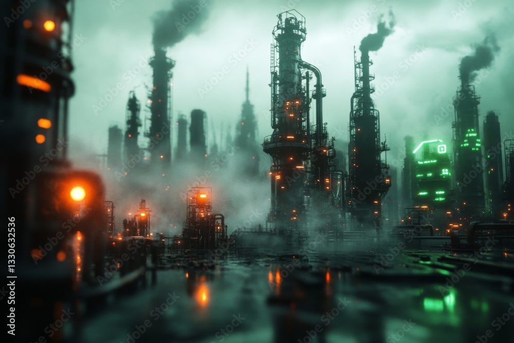 A polluted industrial city under a dark sky, with acid rain falling and corroded metal surfaces reflecting the eerie greenish light A polluted industrial city under a dark sky, with acid rain falling and corroded metal surfaces reflecting the eerie greenish light