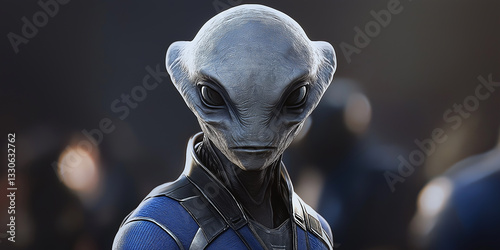 Extraterrestrial being wearing futuristic uniform posing in blurred crowd