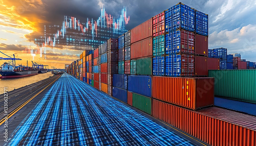 Port with shipping containers and a futuristic illuminated digital floor with floating data graphs. Generated with AI