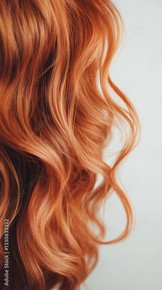 Naklejka premium Long Curly Red Hair Cascading Over a Minimal White Surface, Creating a Flowing and Voluminous Texture. Copy space. Generative AI