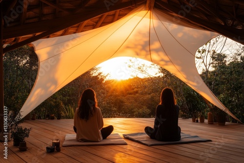 A serene outdoor therapy session where a practitioner applies acupressure to a seated patient under a shaded canopy