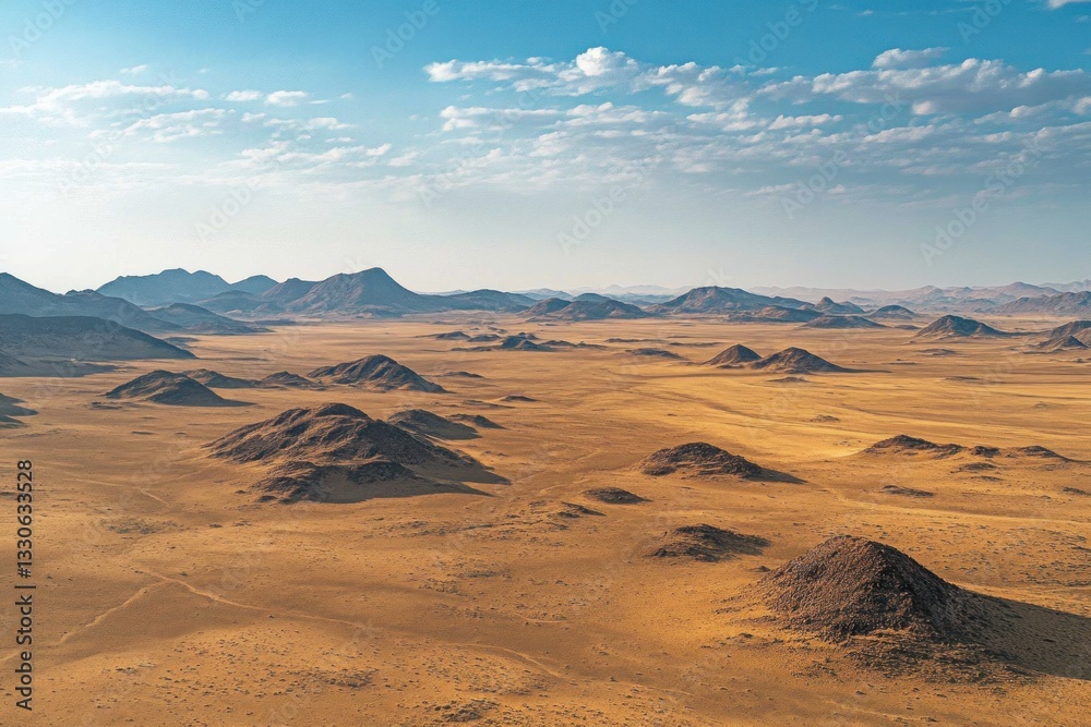 Naklejka premium Aerial view of arid desert landscape with mountains