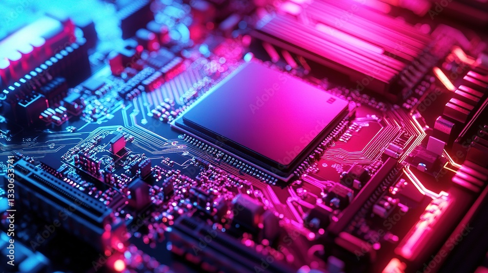 Fototapeta premium Glowing Circuit Connections on a Motherboard with CPU Detail