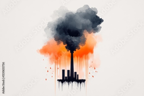 A simple, stylized design of a factory chimney emitting smoke, with acid rain droplets falling and corroding the ground below, all rendered in muted colors