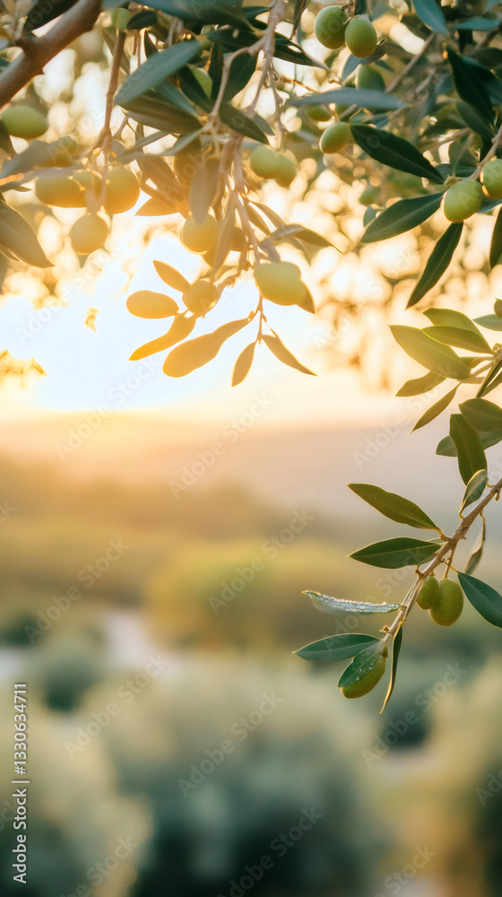 Backlit olive branch hanging with ripe green olives against softly blurred Tuscan sunset landscape Backlit olive branch hanging with ripe green olives against softly blurred Tuscan sunset landscape