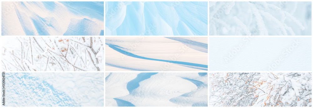Set of snow textures. A collection of light winter backgrounds including: smooth clean white snow, wind sculpted patterns on the snowy ground, branches of trees and bushes covered with snow and frost.