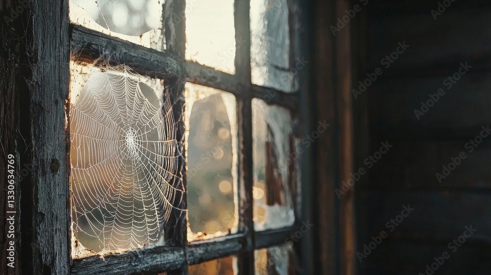 Fototapeta premium Delicate spider web in the corner of a dusty window, surrounded by cracked wooden frame, abandoned house theme, soft natural tones