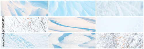 Obraz na płótnie Set of snow textures. A collection of light winter backgrounds including: smooth clean white snow, wind sculpted patterns on the snowy ground, branches of trees and bushes covered with snow and frost. w salonie