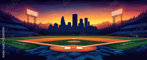 Dynamic Vector Art of Baseball Stadium at Sunset with City Skyline, Illuminated Floodlights, and Forested Background - Perfect for Sports and Urban Backdrop Themes