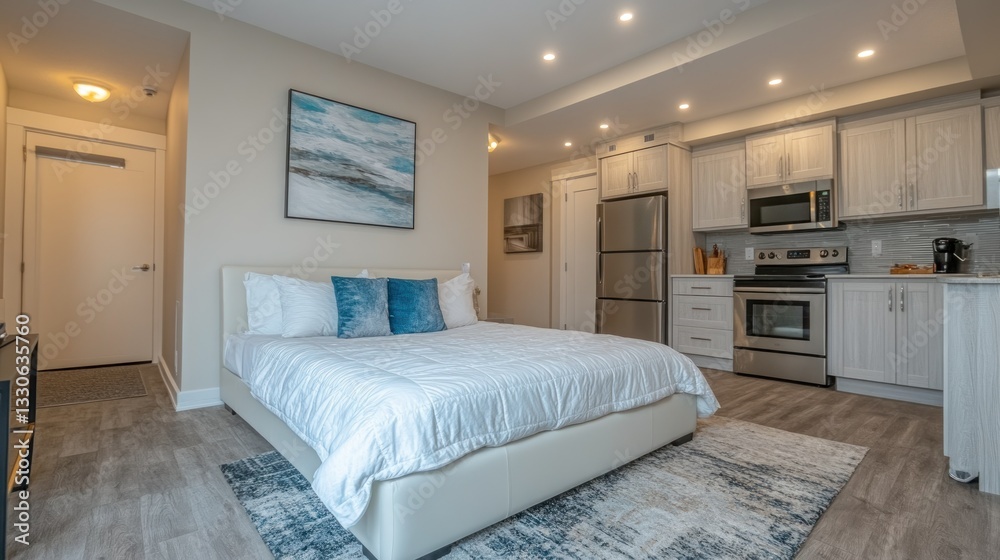 Fototapeta premium Modern studio apartment with queen bed, kitchen, and calming decor