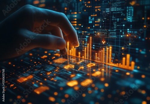 Hand Interacting with Futuristic Data Visualization on Digital Screen with Statistical Graphs and Geometric Lines in a High-Tech Environment