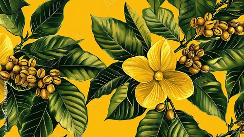 A vibrant floral and coffee bean pattern against a yellow background