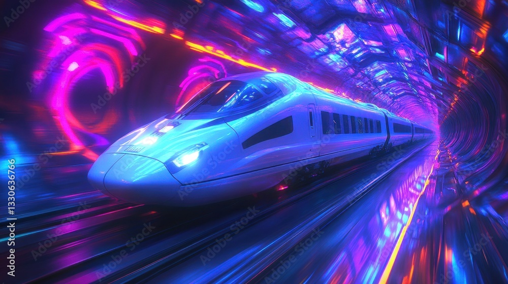 Fototapeta premium Futuristic train zipping through neon tunnel
