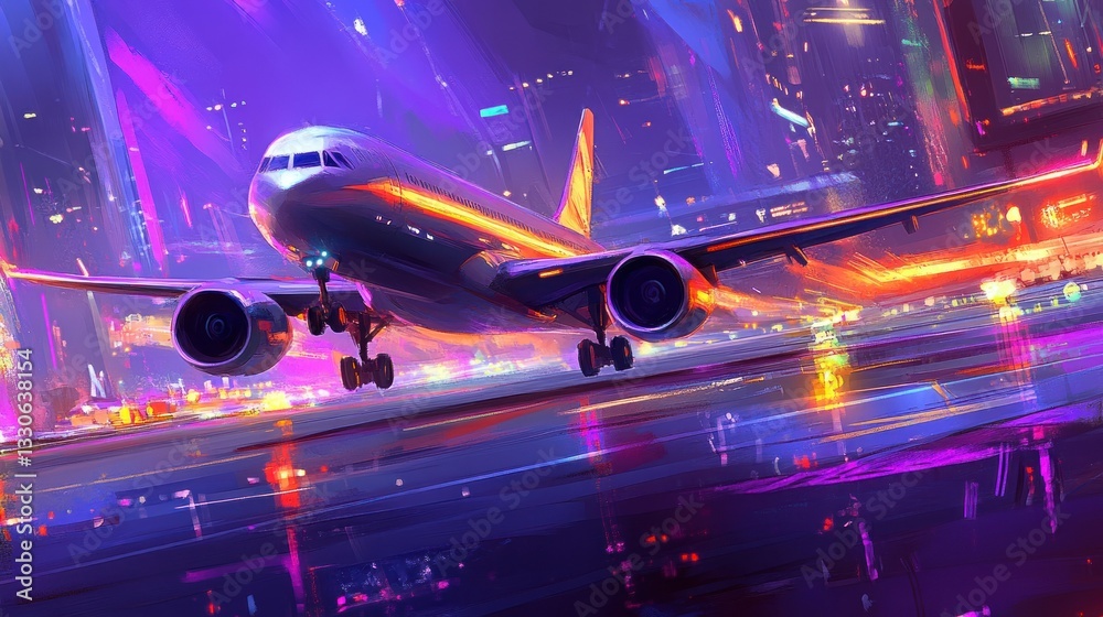 Fototapeta premium Neon Plane Landing Cityscape