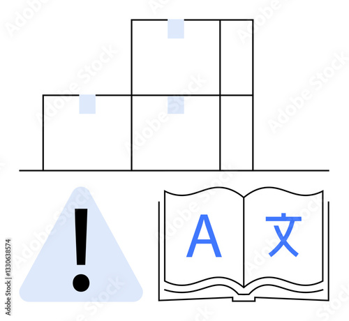 Three stacked boxes suggest storage or logistics. Below, a warning sign emphasizes caution and an open book with multilingual letters symbolizes translation or knowledge exchange. Ideal