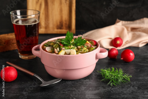 Bowl with tasty okroshka, f...