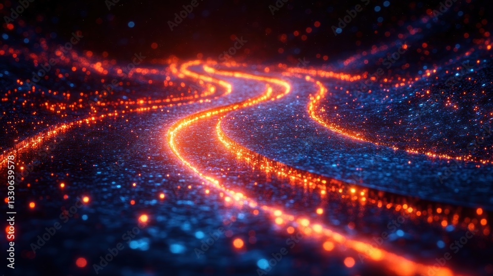 Obraz premium Abstract Cosmic River of Light: A mesmerizing digital artwork depicting glowing, winding paths on a dark, glittering surface, evoking feelings of wonder and cosmic energy.