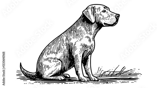 Hand-drawn vintage illustration of a sitting dog in a natural setting ideal for tattoo and packaging design