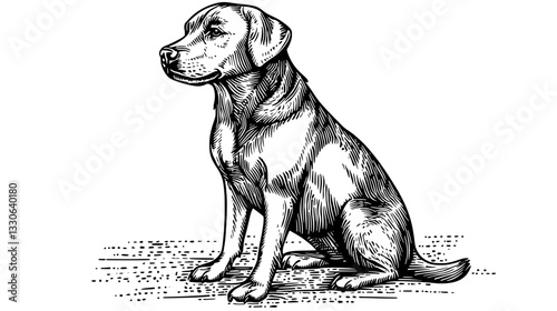 Engraved vintage illustration of a sitting dog in a hand-drawn style for tattoo and product design use