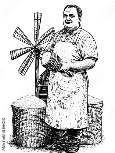 Vintage hand-drawn illustration of a man with grain sacks by a windmill in a farming setting