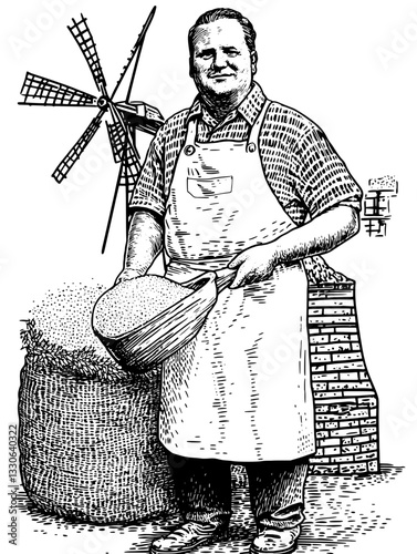 Vintage hand-drawn illustration of a miller with grain and windmill in a rustic setting