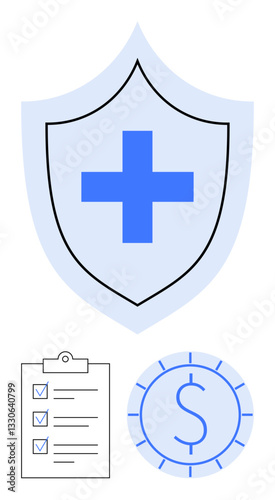 Shield with cross symbol for healthcare safety, checklist for task completion, and coin for financial security. Ideal for insurance, health care, finance, planning, trust, protection flat simple