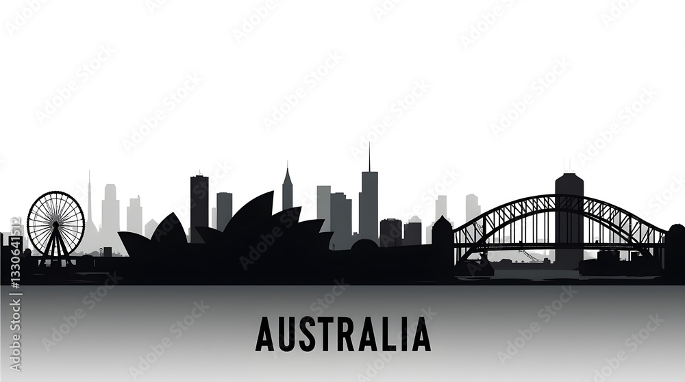 Naklejka premium Black and White Sydney Australia Skyline Silhouette Cityscape Photo Iconic Opera House Harbour Bridge Travel Australia Spectacularly Memorable Landmarks