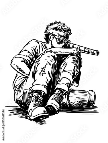 Detailed hand-drawn illustration of a lone marksman preparing to take aim in a vintage style