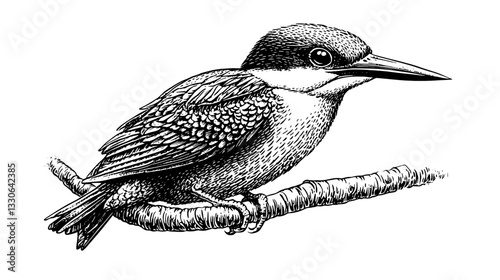 Detailed vintage engraved illustration of a bird perched on a branch showcasing intricate line work and textures