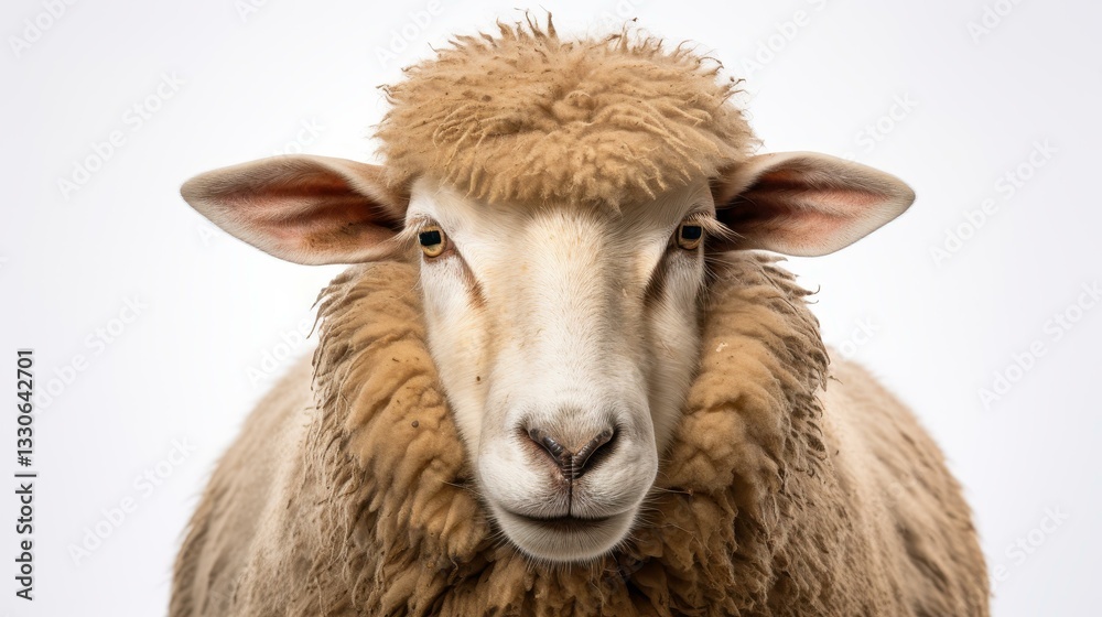 A charming closeup of a sheep, showcasing its soft wool and gentle expression against a clean white backdrop.