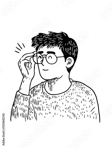 Hand-drawn vintage illustration of a young man adjusting his glasses in a casual setting