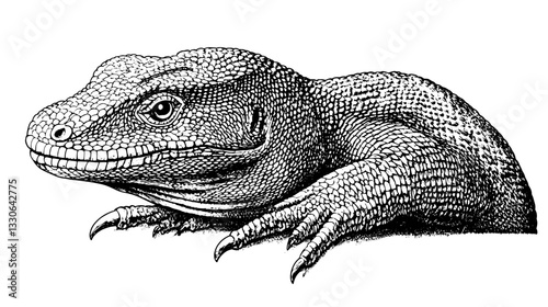 Detailed hand-drawn engraving of a lizard showcasing intricate scales and vivid expression in vintage style